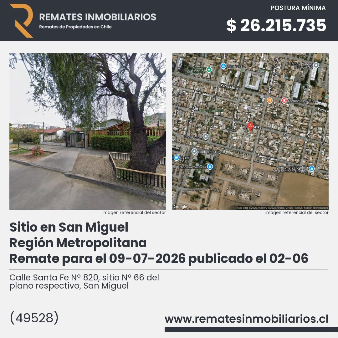 Imagen ficha Calle Santa Fe Nº 820, sitio Nº 66 del plano respectivo, San Miguel