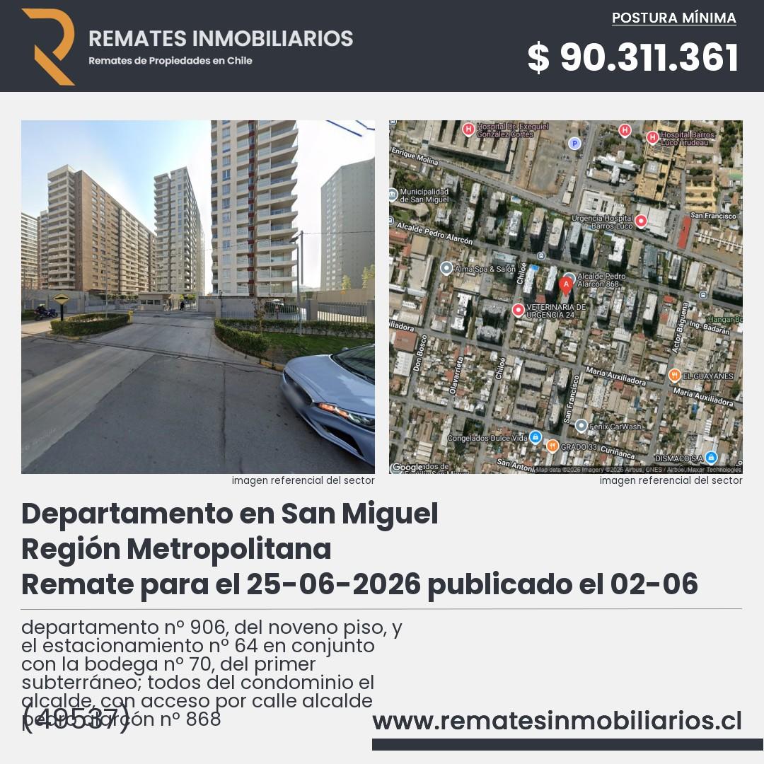 Imagen ficha departamento nº 906, del noveno piso, y el estacionamiento nº 64 en conjunto con la bodega nº 70, del primer subterráneo; todos del condominio el alcalde, con acceso por calle alcalde pedro alarcón nº 868