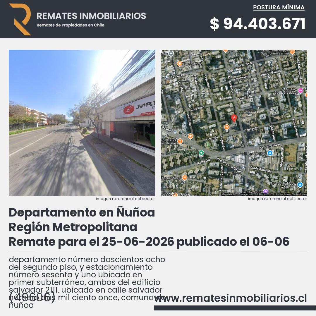 Imagen ficha departamento número doscientos ocho del segundo piso, y estacionamiento número sesenta y uno ubicado en primer subterráneo, ambos del edificio salvador 2111, ubicado en calle salvador número dos mil ciento once, comuna de ñuñoa