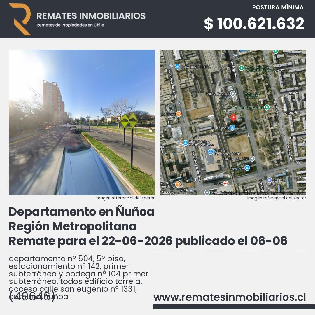 Imagen ficha departamento nº 504, 5º piso, estacionamiento nº 142, primer subterráneo y bodega nº 104 primer subterráneo, todos edificio torre a, acceso calle san eugenio nº 1331, comuna ñuñoa