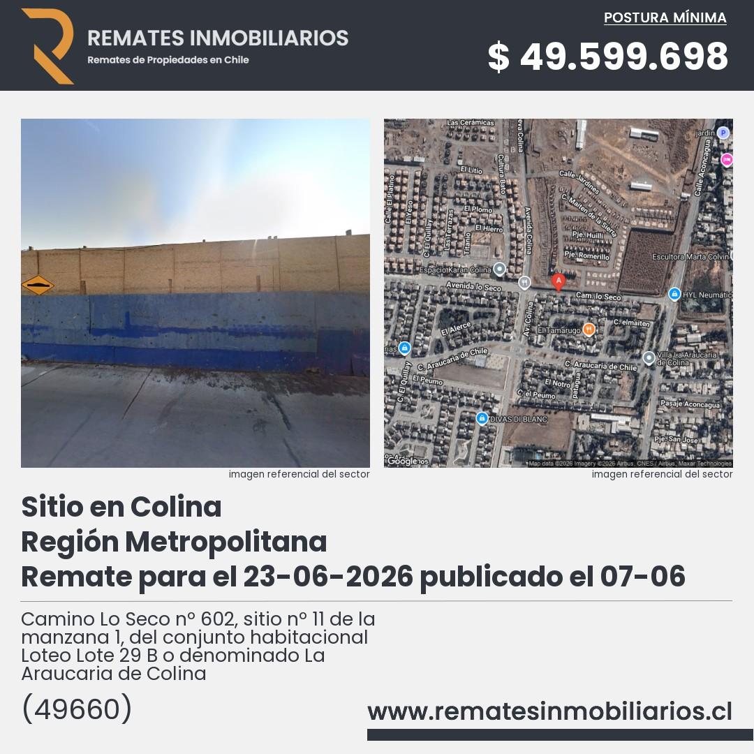 Imagen ficha Camino Lo Seco nº 602, sitio nº 11 de la manzana 1, del conjunto habitacional Loteo Lote 29 B o denominado La Araucaria de Colina