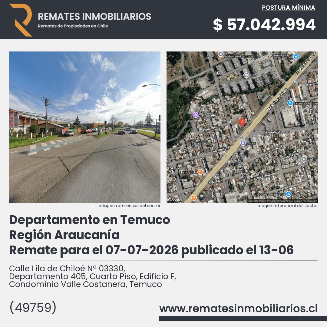 Imagen ficha Calle Lila de Chiloé Nº 03330, Departamento 405, Cuarto Piso, Edificio F, Condominio Valle Costanera, Temuco