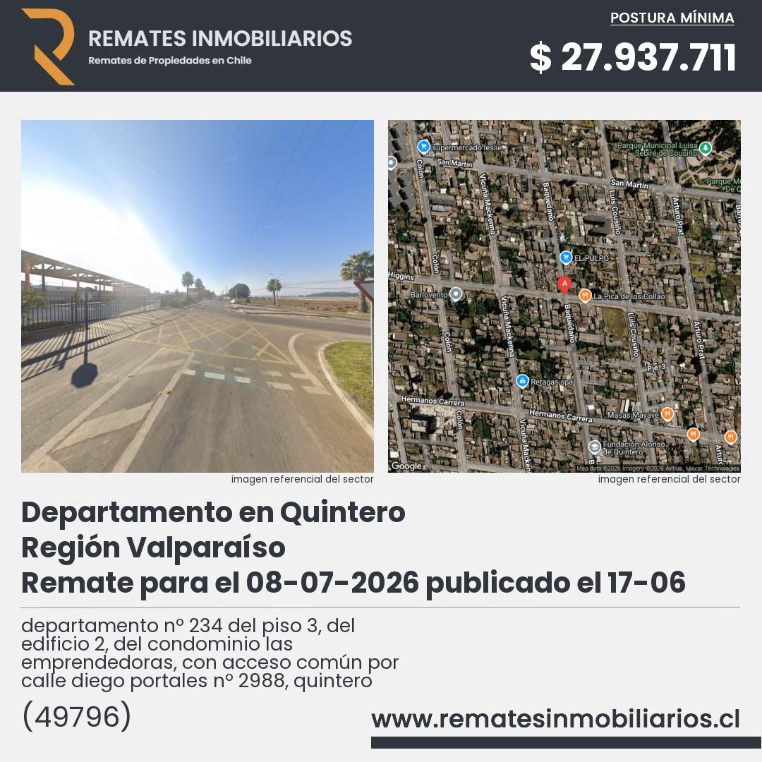 Imagen ficha departamento nº 234 del piso 3, del edificio 2, del condominio las emprendedoras, con acceso común por calle diego portales nº 2988, quintero