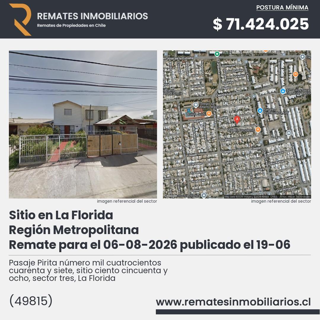 Imagen ficha Pasaje Pirita número mil cuatrocientos cuarenta y siete, sitio ciento cincuenta y ocho, sector tres, La Florida