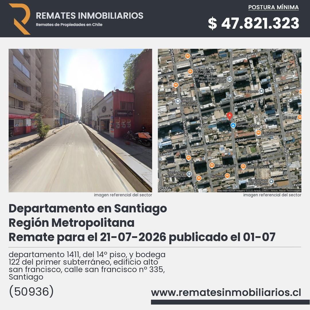 Imagen ficha departamento 1411, del 14º piso, y bodega 122 del primer subterráneo, edificio alto san francisco, calle san francisco nº 335, Santiago