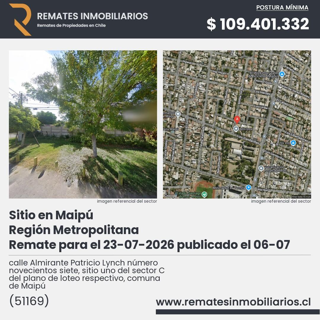Imagen ficha calle Almirante Patricio Lynch número novecientos siete, sitio uno del sector C del plano de loteo respectivo, comuna de Maipú