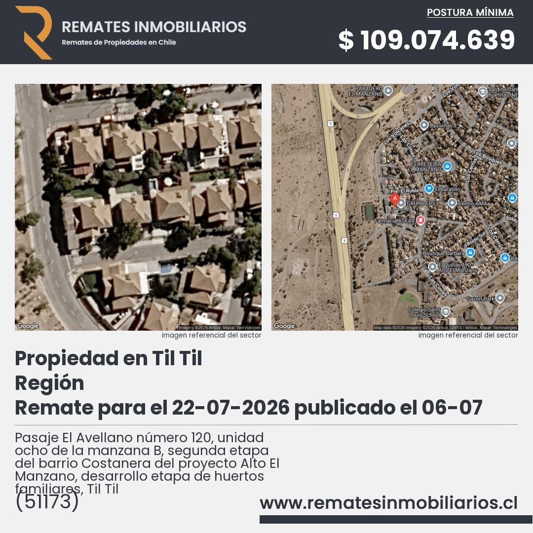 Imagen ficha Pasaje El Avellano número 120, unidad ocho de la manzana B, segunda etapa del barrio Costanera del proyecto Alto El Manzano, desarrollo etapa de huertos familiares, Til Til