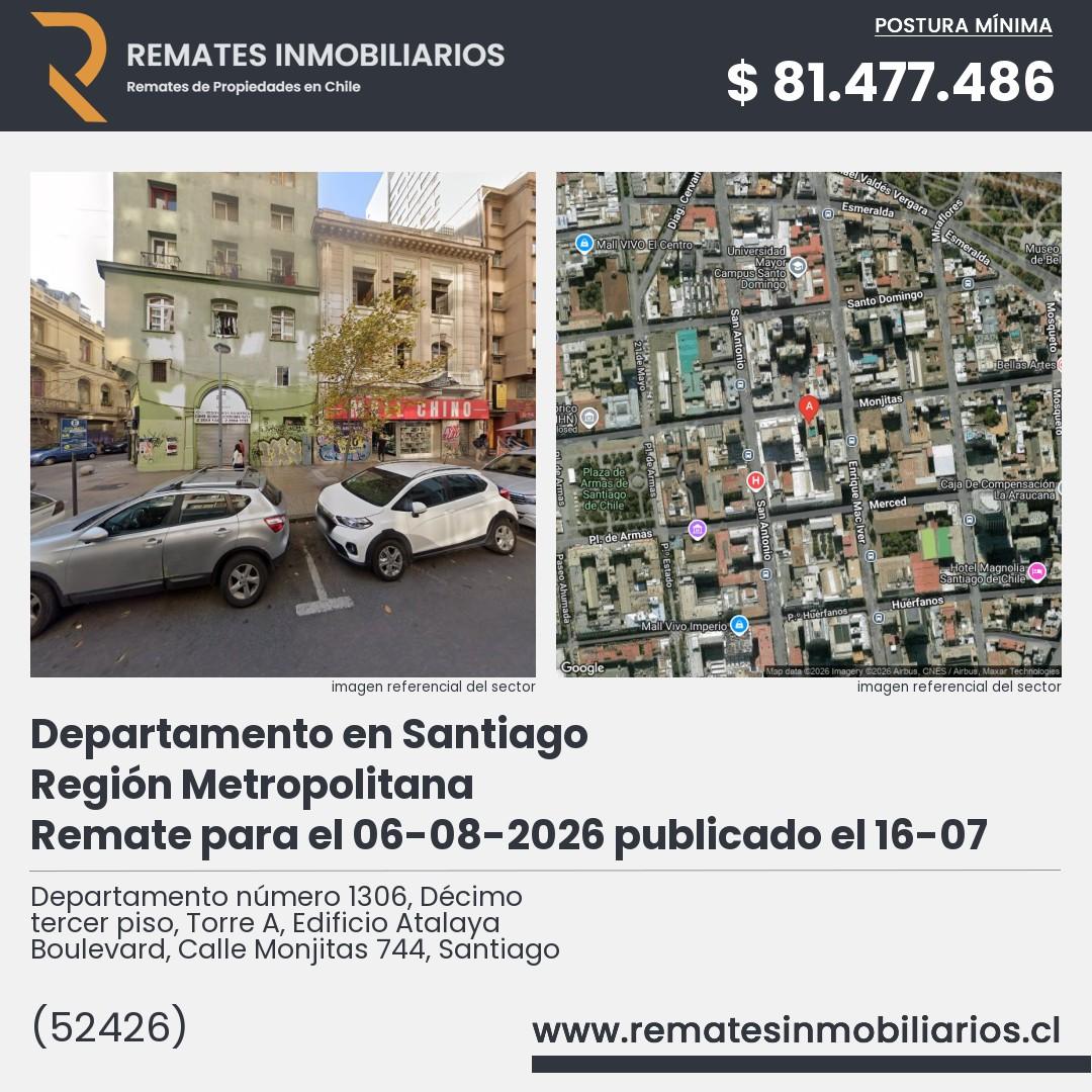 Imagen ficha Departamento número 1306, Décimo tercer piso, Torre A, Edificio Atalaya Boulevard, Calle Monjitas 744, Santiago