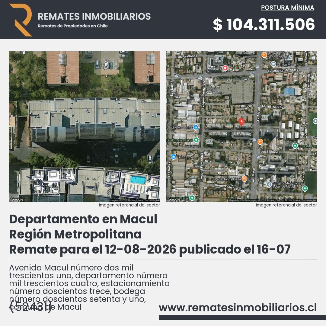 Imagen ficha Avenida Macul número dos mil trescientos uno, departamento número mil trescientos cuatro, estacionamiento número doscientos trece, bodega número doscientos setenta y uno, comuna de Macul