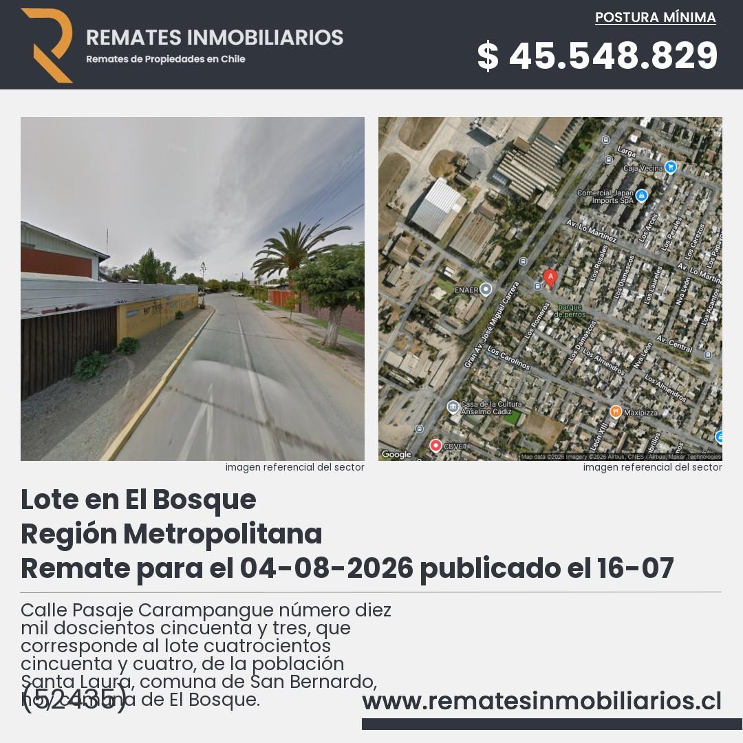 Imagen ficha Calle Pasaje Carampangue número diez mil doscientos cincuenta y tres, que corresponde al lote cuatrocientos cincuenta y cuatro, de la población Santa Laura, comuna de San Bernardo, hoy comuna de El Bosque.