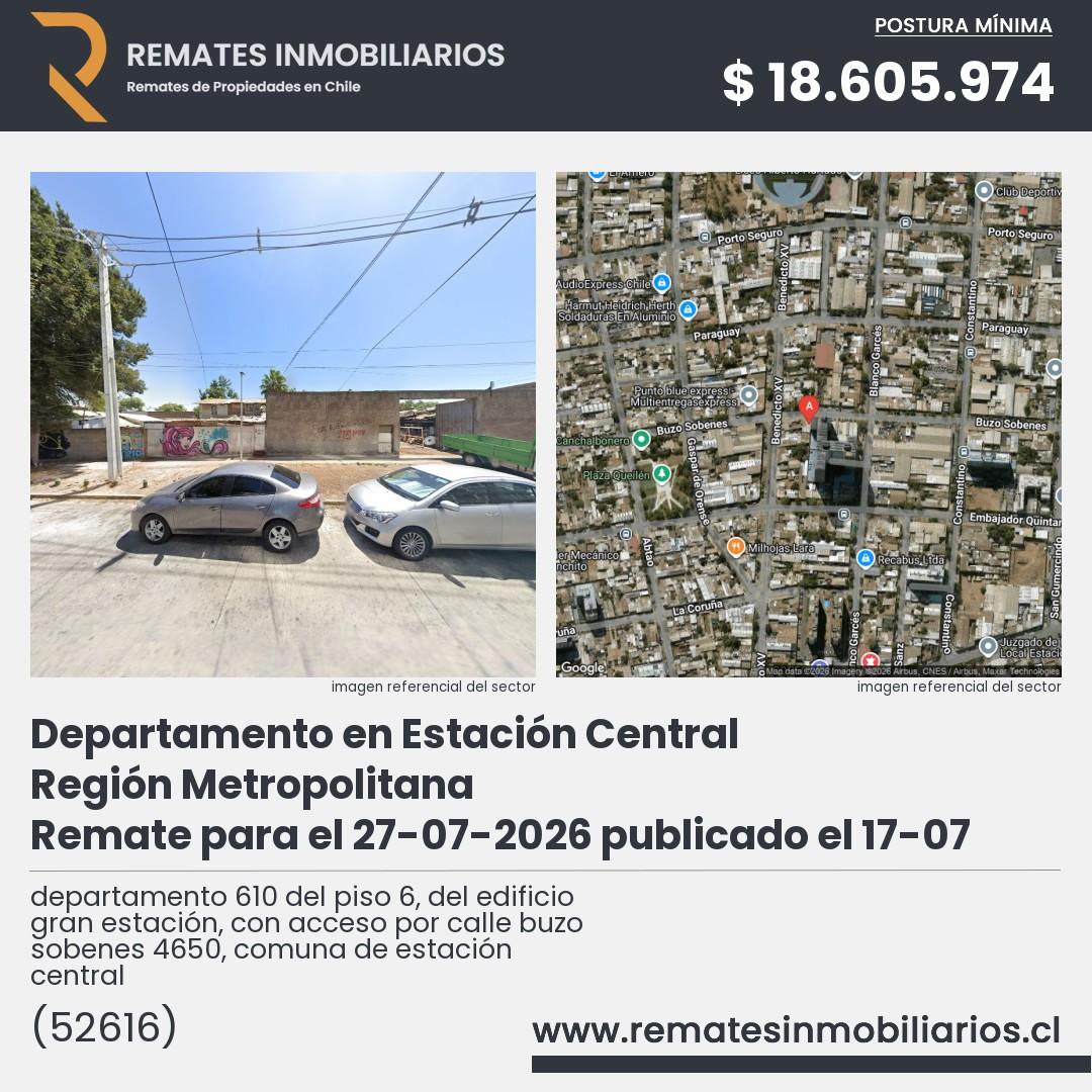 Imagen ficha departamento 610 del piso 6, del edificio gran estación, con acceso por calle buzo sobenes 4650, comuna de estación central