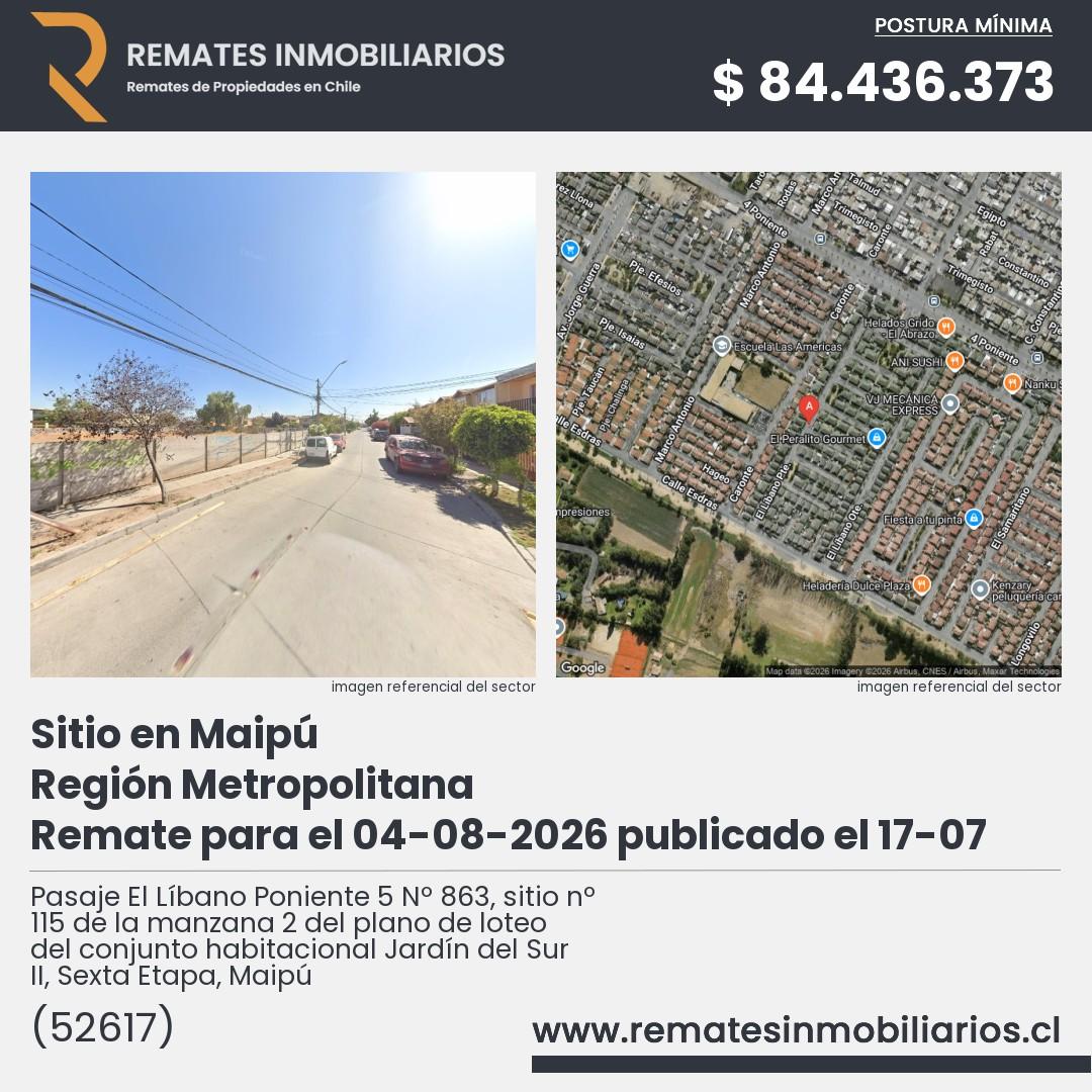 Imagen ficha Pasaje El Líbano Poniente 5 Nº 863, sitio nº 115 de la manzana 2 del plano de loteo del conjunto habitacional Jardín del Sur II, Sexta Etapa, Maipú