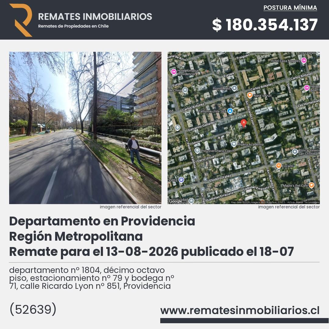 Imagen ficha departamento nº 1804, décimo octavo piso, estacionamiento nº 79 y bodega nº 71, calle Ricardo Lyon nº 851, Providencia