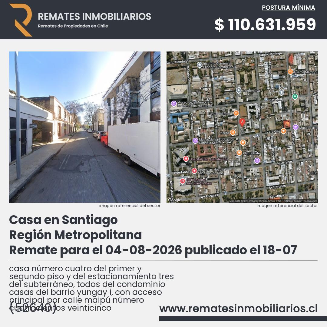 Imagen ficha casa número cuatro del primer y segundo piso y del estacionamiento tres del subterráneo, todos del condominio casas del barrio yungay i, con acceso principal por calle maipú número cuatrocientos veinticinco