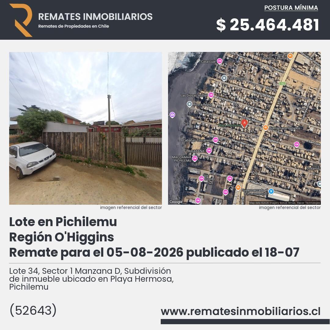 Imagen ficha Lote 34, Sector 1 Manzana D, Subdivisión de inmueble ubicado en Playa Hermosa, Pichilemu
