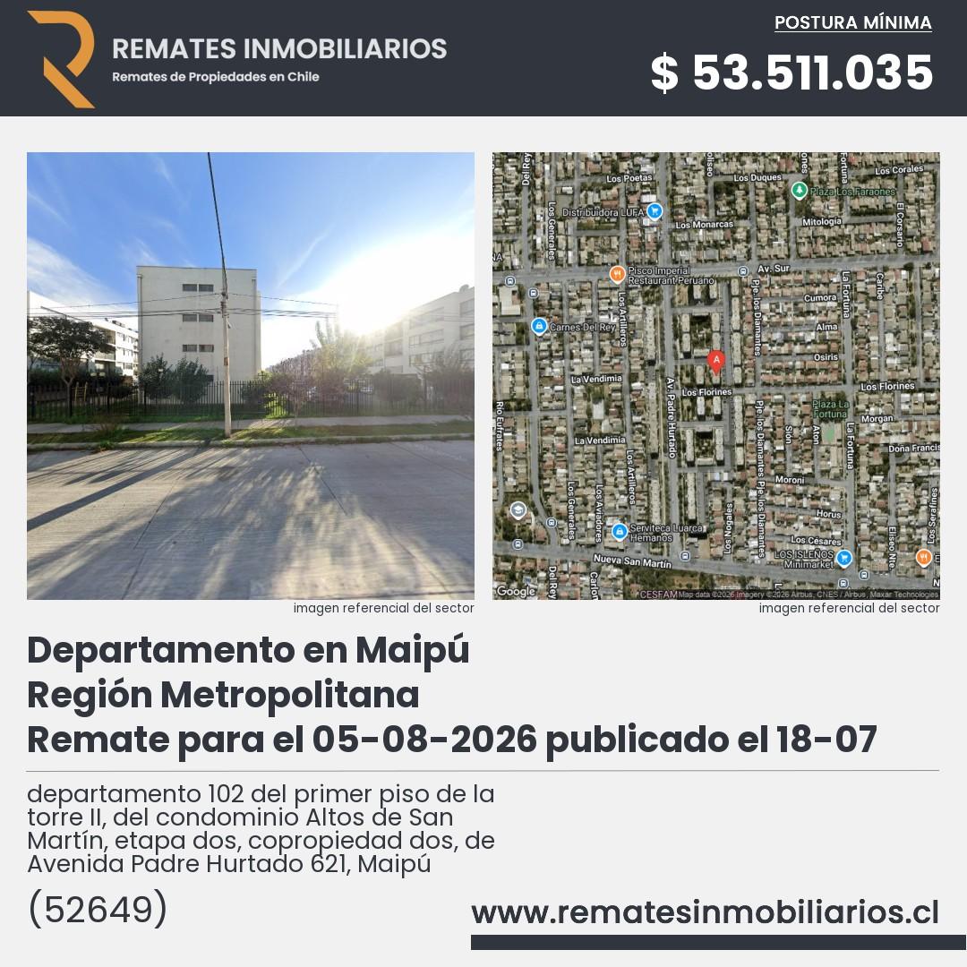 Imagen ficha departamento 102 del primer piso de la torre II, del condominio Altos de San Martín, etapa dos, copropiedad dos, de Avenida Padre Hurtado 621, Maipú