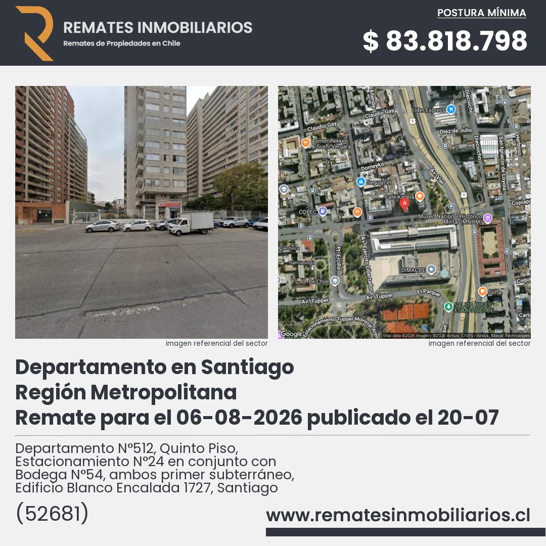 Imagen ficha Departamento N°512, Quinto Piso, Estacionamiento N°24 en conjunto con Bodega N°54, ambos primer subterráneo, Edificio Blanco Encalada 1727, Santiago