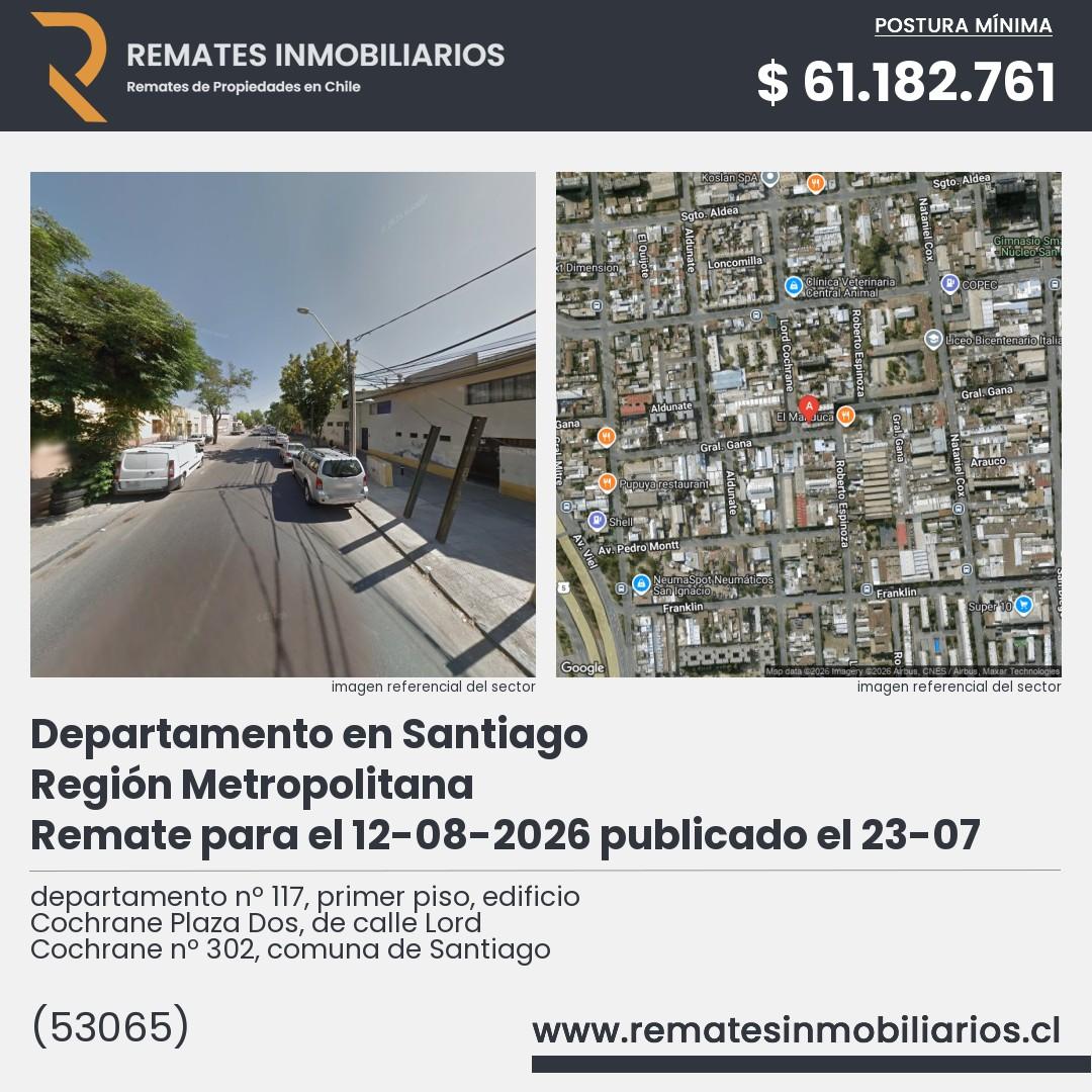 Imagen ficha departamento nº 117, primer piso, edificio Cochrane Plaza Dos, de calle Lord Cochrane nº 302, comuna de Santiago