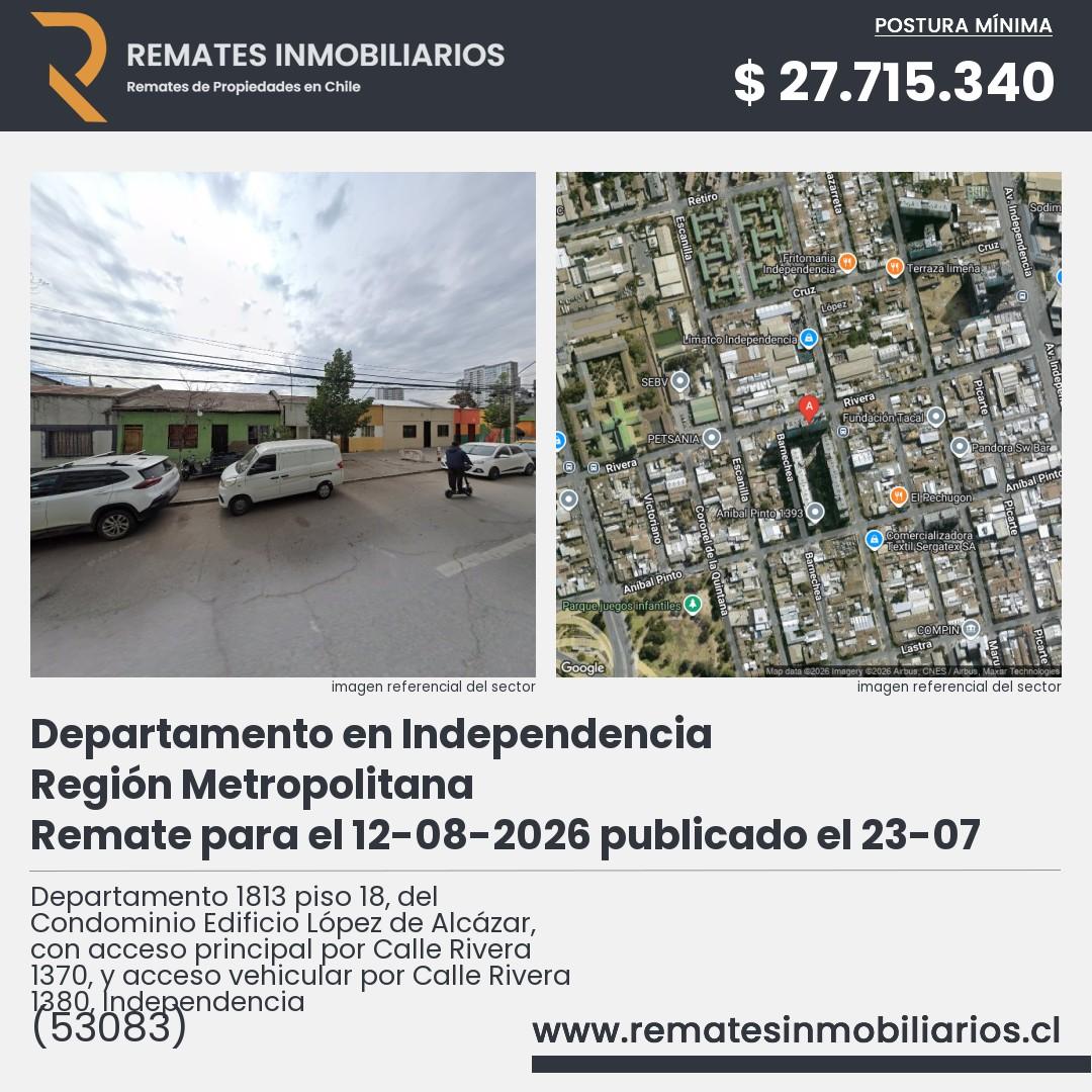 Imagen ficha Departamento 1813 piso 18, del Condominio Edificio López de Alcázar, con acceso principal por Calle Rivera 1370, y acceso vehicular por Calle Rivera 1380, Independencia