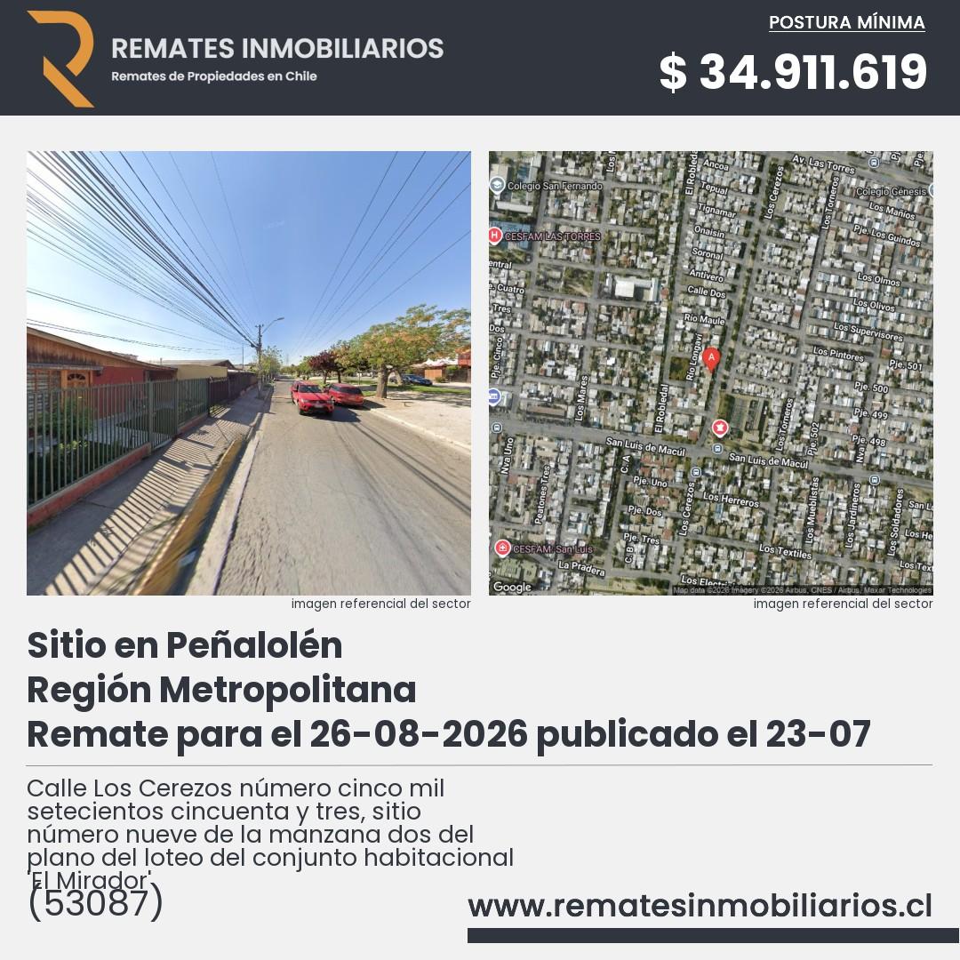 Imagen ficha Calle Los Cerezos número cinco mil setecientos cincuenta y tres, sitio número nueve de la manzana dos del plano del loteo del conjunto habitacional