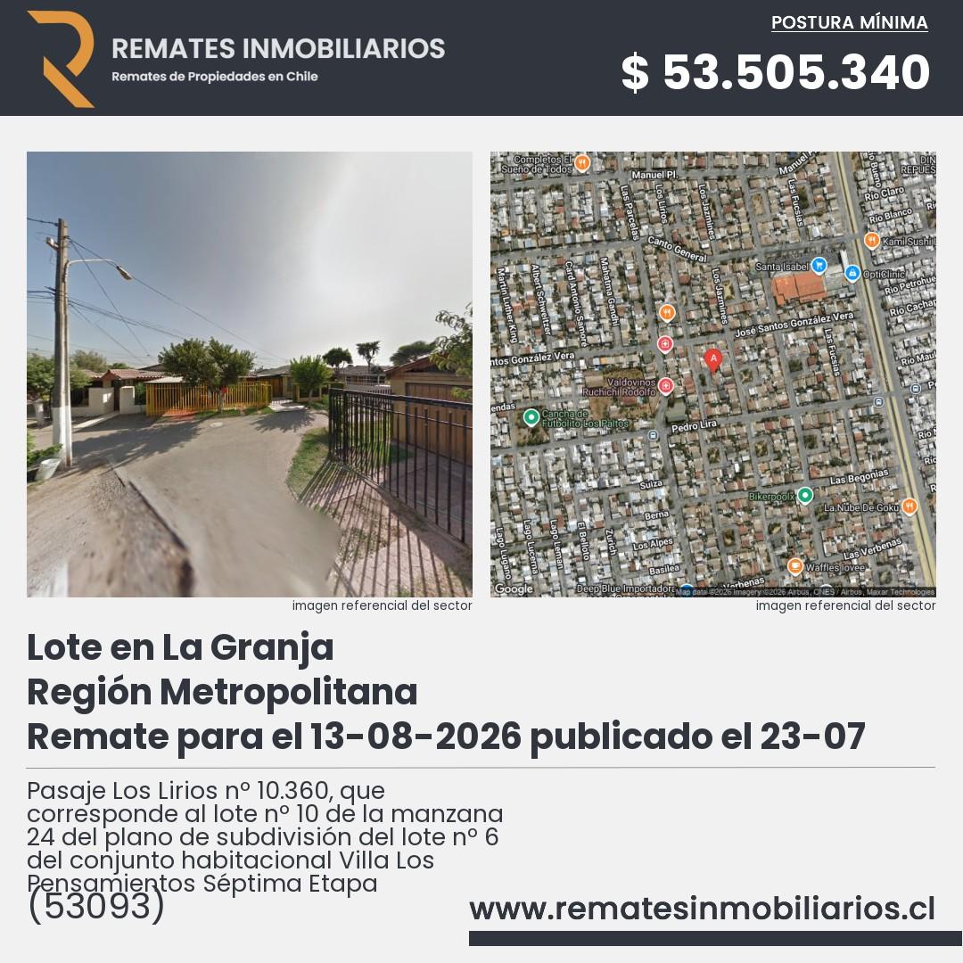 Imagen ficha Pasaje Los Lirios nº 10.360, que corresponde al lote nº 10 de la manzana 24 del plano de subdivisión del lote nº 6 del conjunto habitacional Villa Los Pensamientos Séptima Etapa