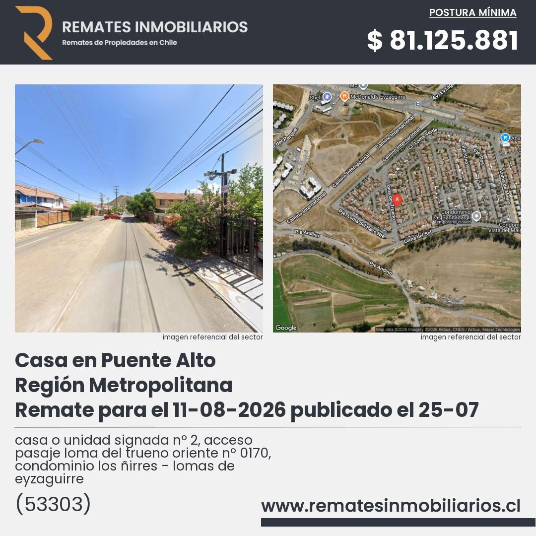 Imagen ficha casa o unidad signada nº 2, acceso pasaje loma del trueno oriente nº 0170, condominio los ñirres - lomas de eyzaguirre