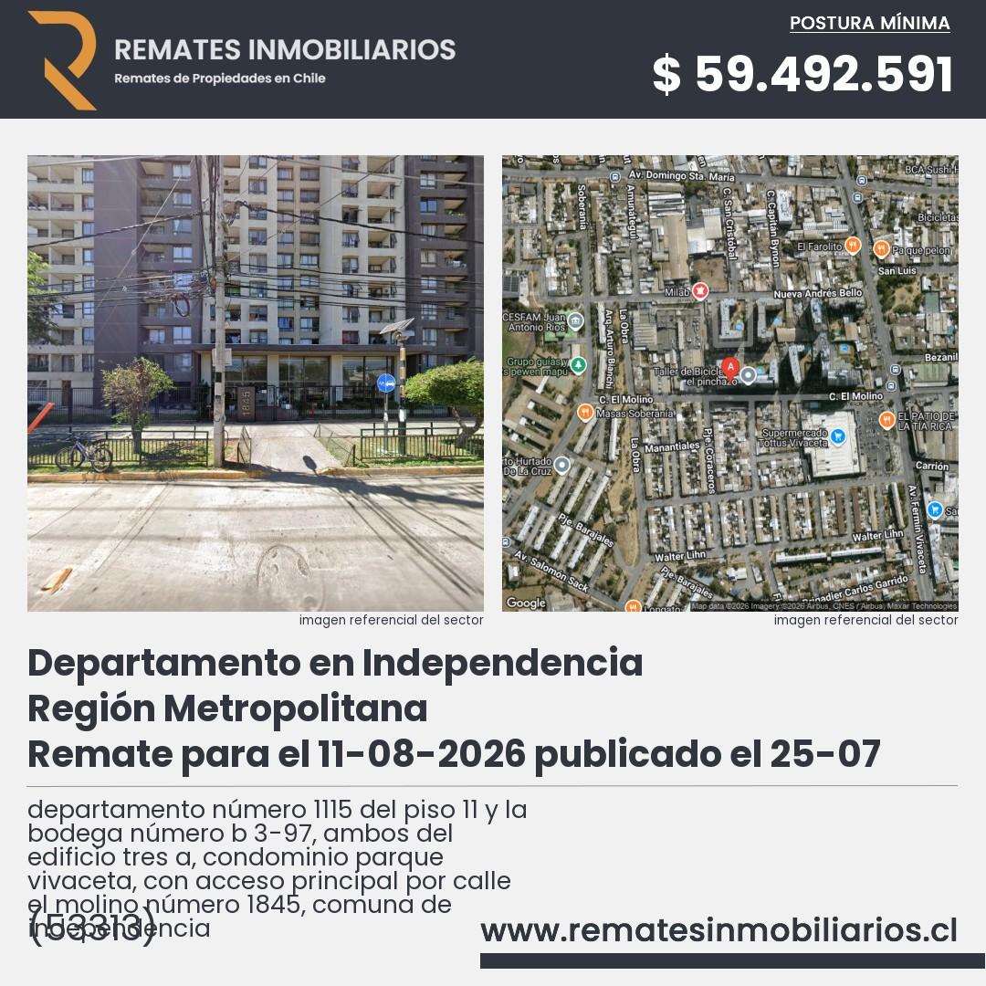 Imagen ficha departamento número 1115 del piso 11 y la bodega número b 3-97, ambos del edificio tres a, condominio parque vivaceta, con acceso principal por calle el molino número 1845, comuna de independencia