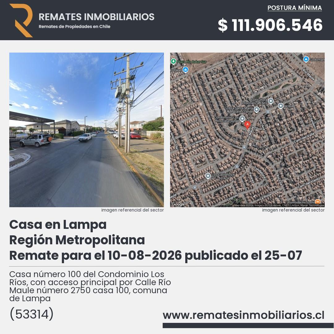 Imagen ficha Casa número 100 del Condominio Los Ríos, con acceso principal por Calle Río Maule número 2750 casa 100, comuna de Lampa