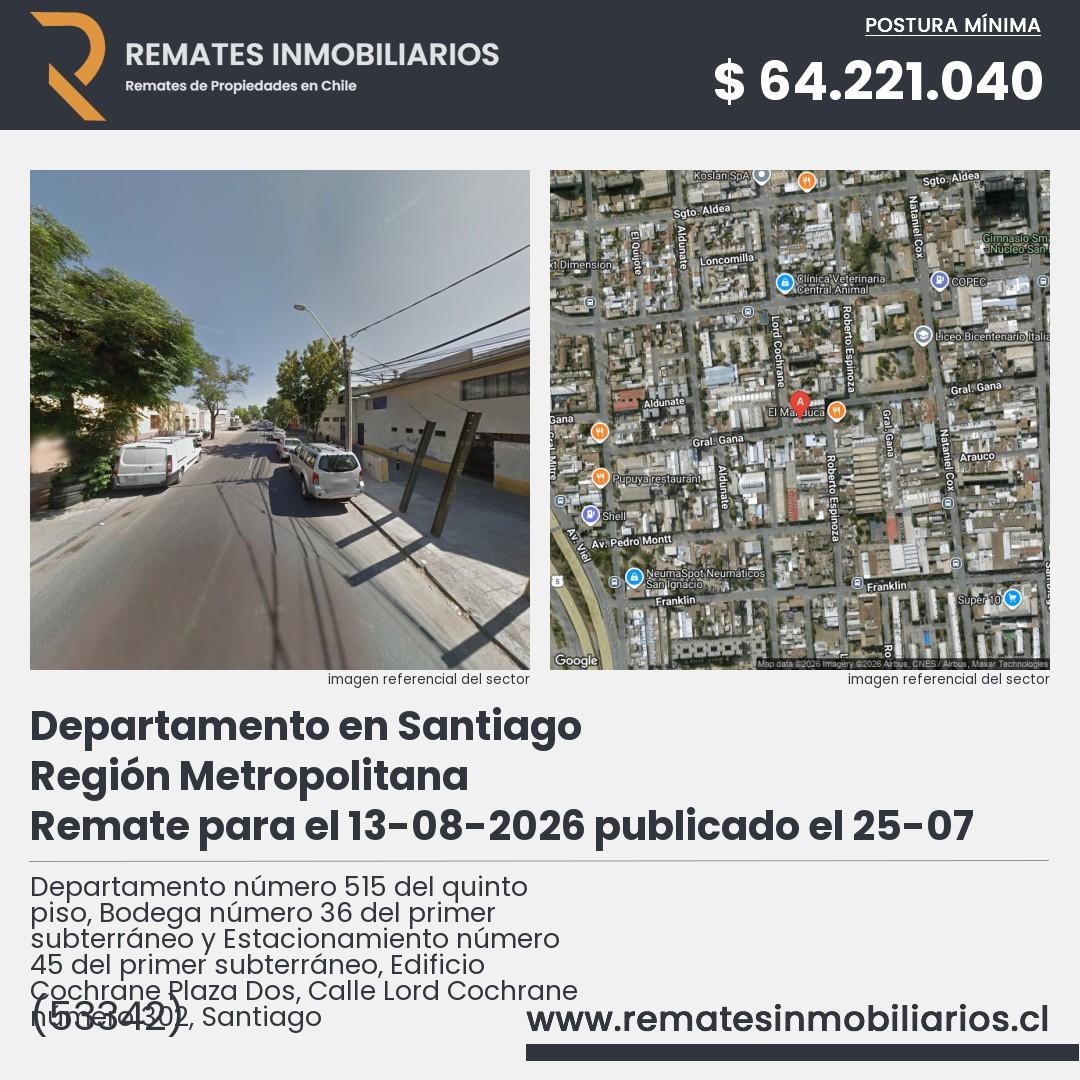 Imagen ficha Departamento número 515 del quinto piso, Bodega número 36 del primer subterráneo y Estacionamiento número 45 del primer subterráneo, Edificio Cochrane Plaza Dos, Calle Lord Cochrane número 302, Santiago
