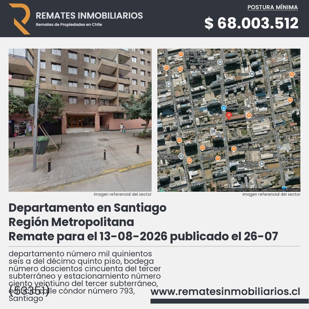 Imagen ficha departamento número mil quinientos seis a del décimo quinto piso, bodega número doscientos cincuenta del tercer subterráneo y estacionamiento número ciento veintiuno del tercer subterráneo, edificio calle cóndor número 793, Santiago