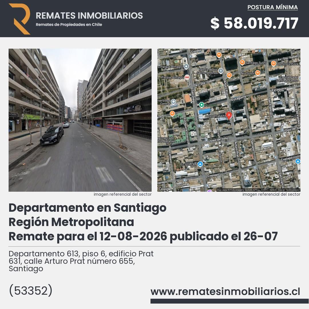 Imagen ficha Departamento 613, piso 6, edificio Prat 631, calle Arturo Prat número 655, Santiago