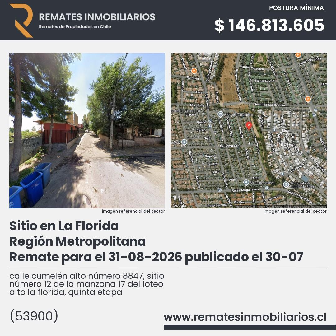 Imagen ficha calle cumelén alto número 8847, sitio número 12 de la manzana 17 del loteo alto la florida, quinta etapa