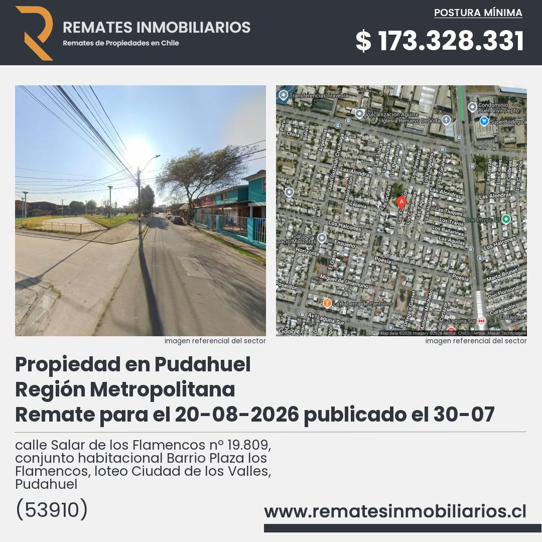 Imagen ficha calle Salar de los Flamencos nº 19.809, conjunto habitacional Barrio Plaza los Flamencos, loteo Ciudad de los Valles, Pudahuel