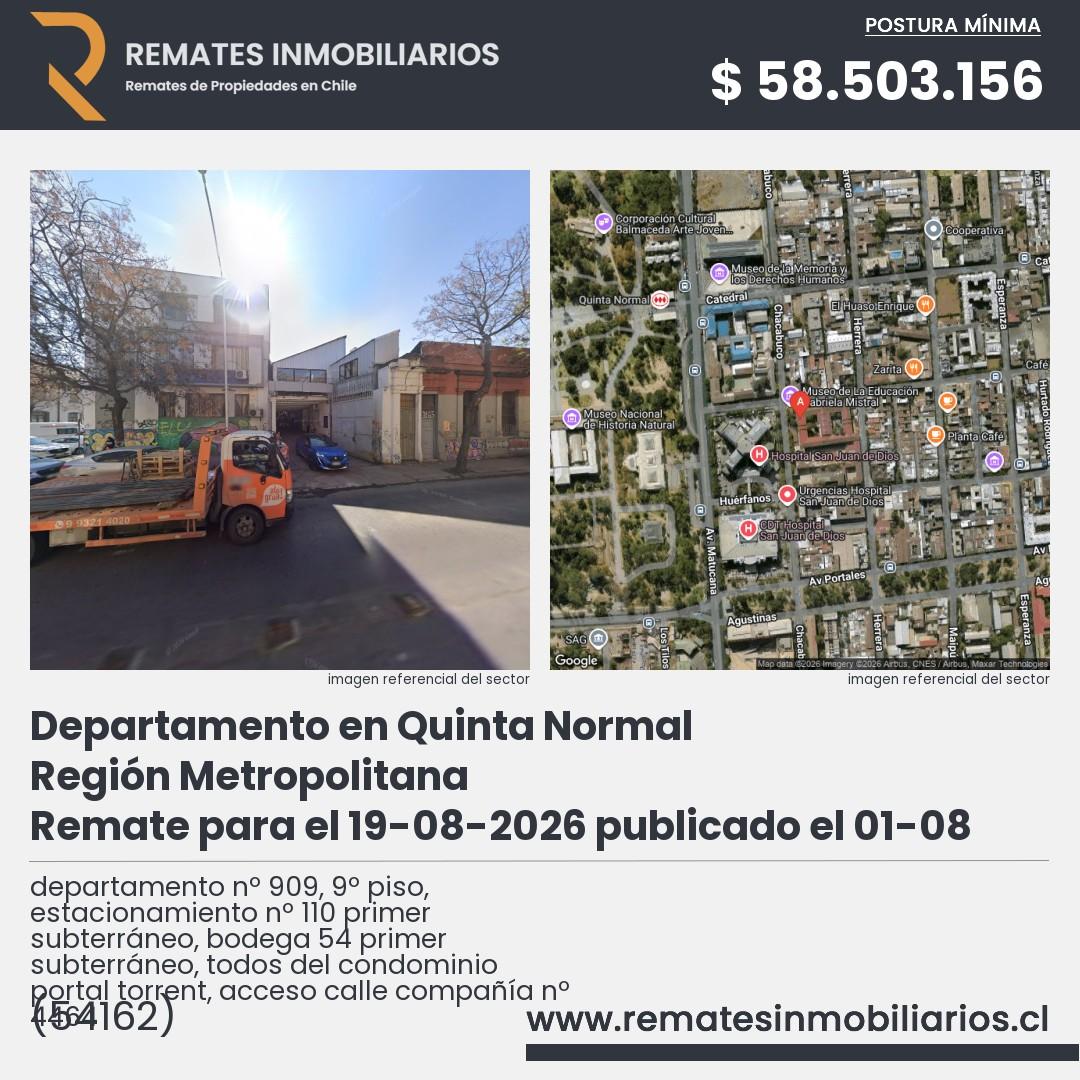 Imagen ficha departamento nº 909, 9º piso, estacionamiento nº 110 primer subterráneo, bodega 54 primer subterráneo, todos del condominio portal torrent, acceso calle compañía nº 4464