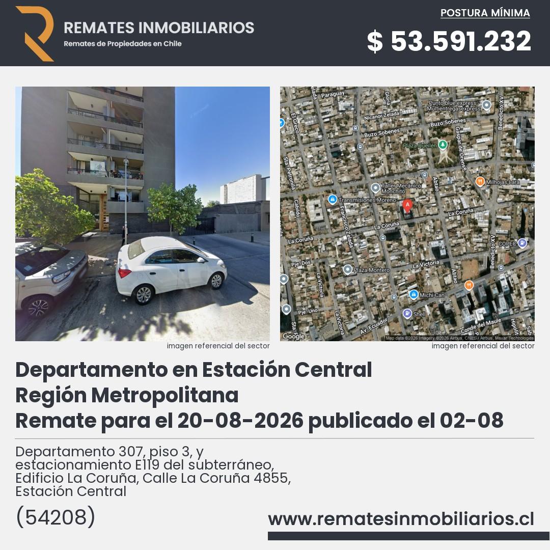 Imagen ficha Departamento 307, piso 3, y estacionamiento E119 del subterráneo, Edificio La Coruña, Calle La Coruña 4855, Estación Central