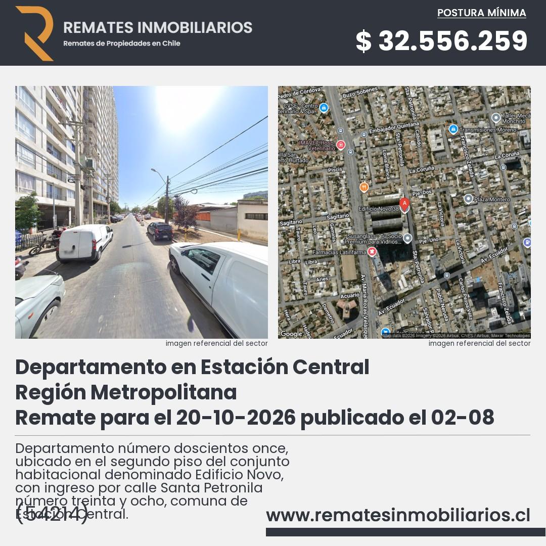 Imagen ficha Departamento número doscientos once, ubicado en el segundo piso del conjunto habitacional denominado Edificio Novo, con ingreso por calle Santa Petronila número treinta y ocho, comuna de Estación Central.