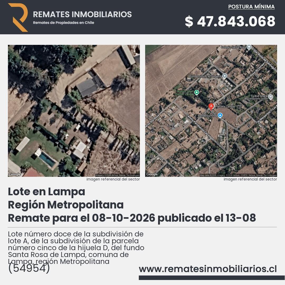 Imagen ficha Lote número doce de la subdivisión de lote A, de la subdivisión de la parcela número cinco de la hijuela D, del fundo Santa Rosa de Lampa, comuna de Lampa, región Metropolitana