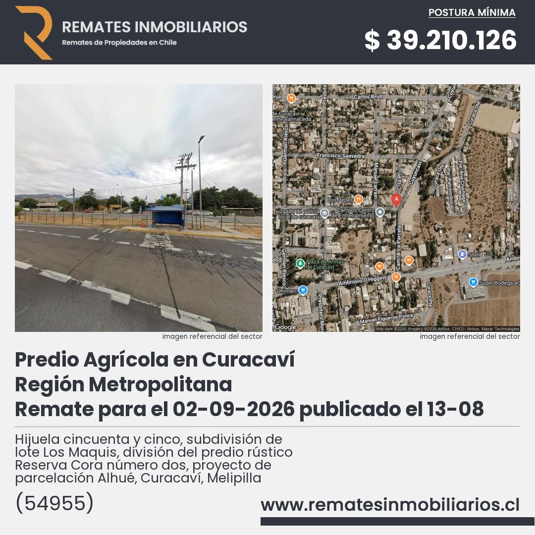 Imagen ficha Hijuela cincuenta y cinco, subdivisión de lote Los Maquis, división del predio rústico Reserva Cora número dos, proyecto de parcelación Alhué, Curacaví, Melipilla