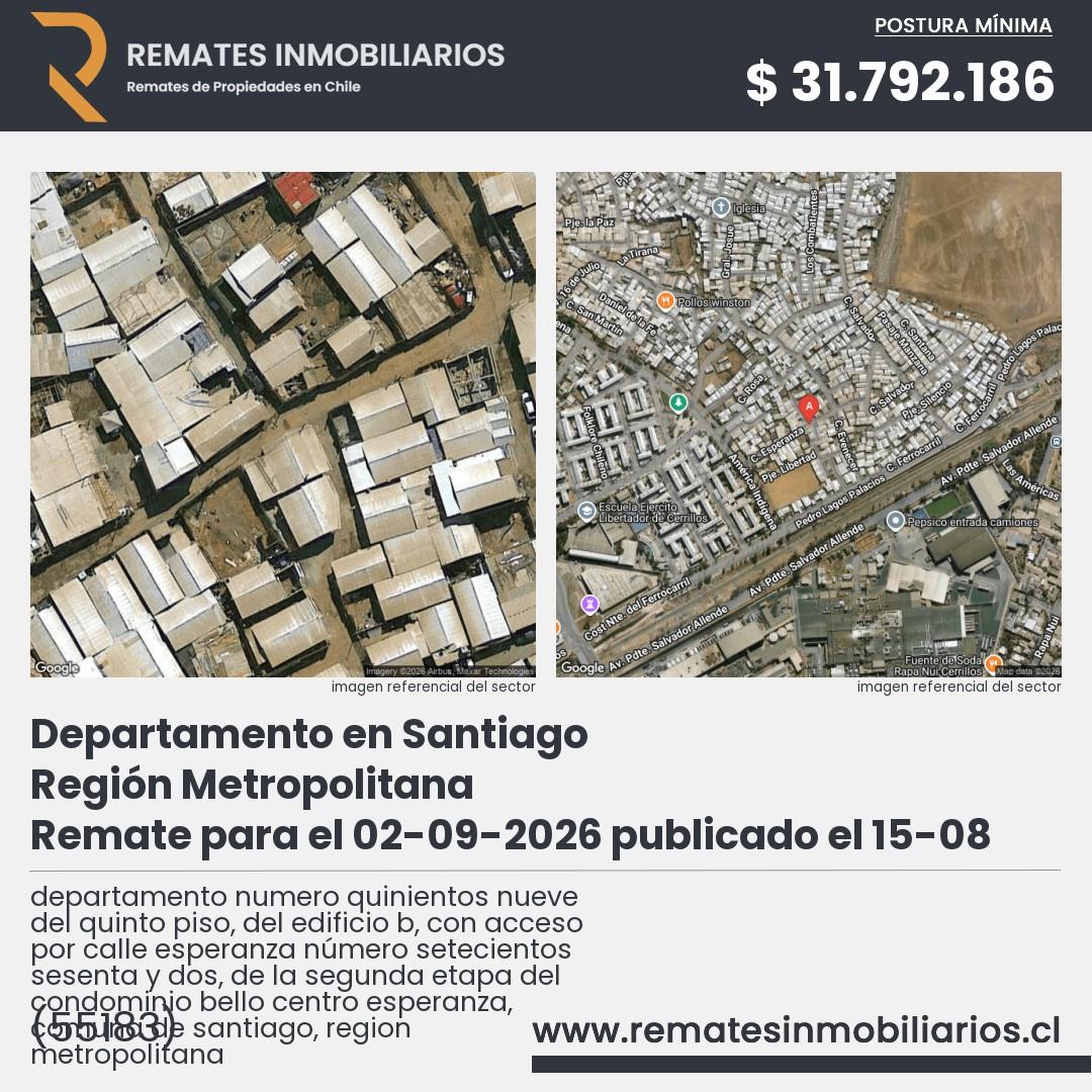 Imagen ficha departamento numero quinientos nueve del quinto piso, del edificio b, con acceso por calle esperanza número setecientos sesenta y dos, de la segunda etapa del condominio bello centro esperanza, comuna de santiago, region metropolitana