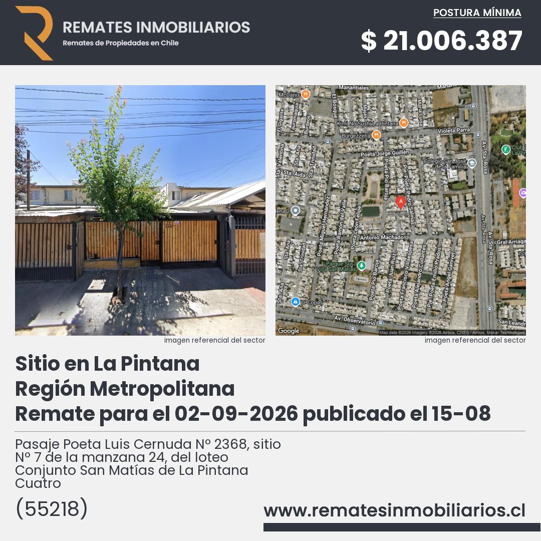 Imagen ficha Pasaje Poeta Luis Cernuda Nº 2368, sitio Nº 7 de la manzana 24, del loteo Conjunto San Matías de La Pintana Cuatro