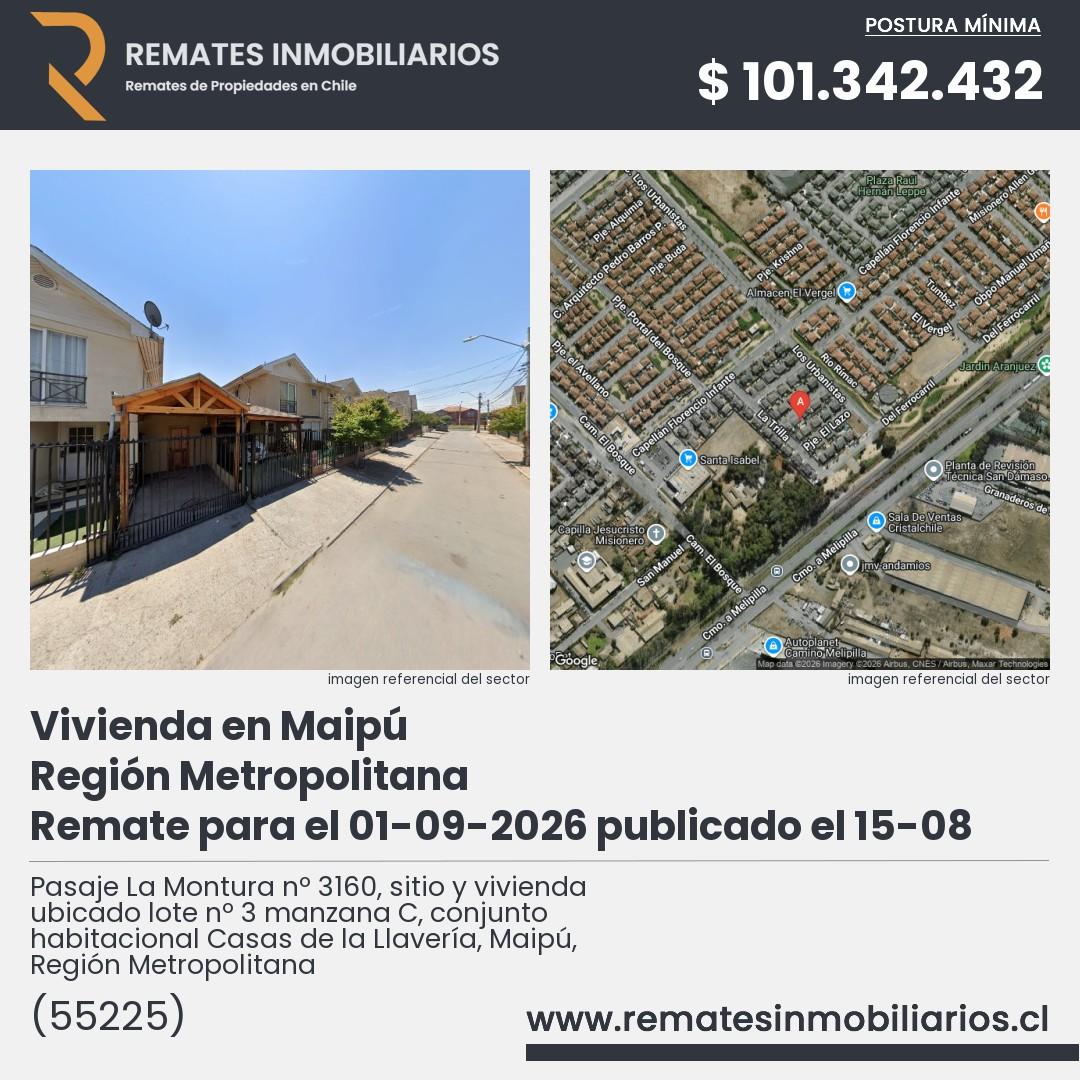 Imagen ficha Pasaje La Montura nº 3160, sitio y vivienda ubicado lote nº 3 manzana C, conjunto habitacional Casas de la Llavería, Maipú, Región Metropolitana