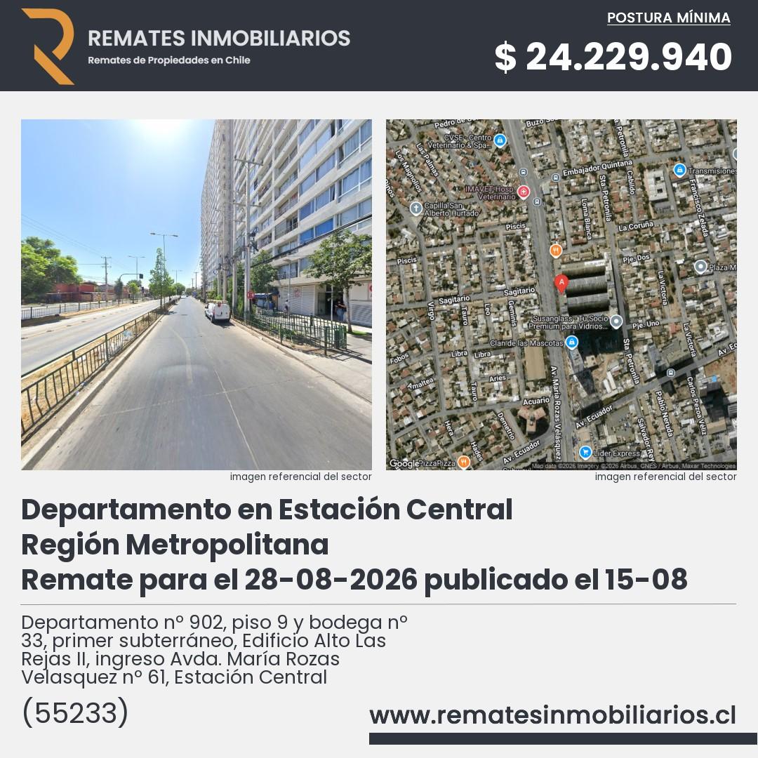 Imagen ficha Departamento nº 902, piso 9 y bodega nº 33, primer subterráneo, Edificio Alto Las Rejas II, ingreso Avda. María Rozas Velasquez nº 61, Estación Central