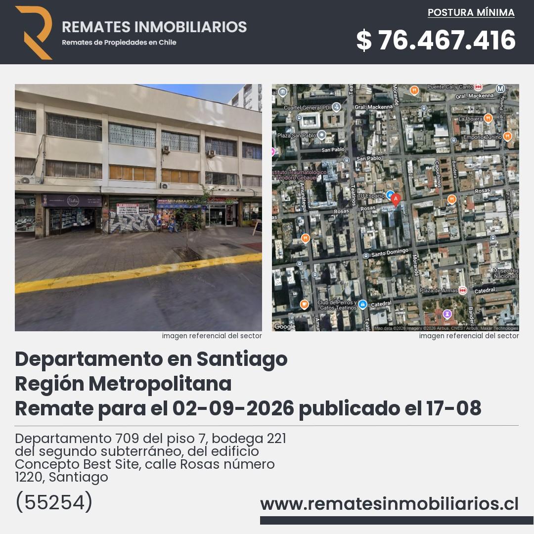 Imagen ficha Departamento 709 del piso 7, bodega 221 del segundo subterráneo, del edificio Concepto Best Site, calle Rosas número 1220, Santiago