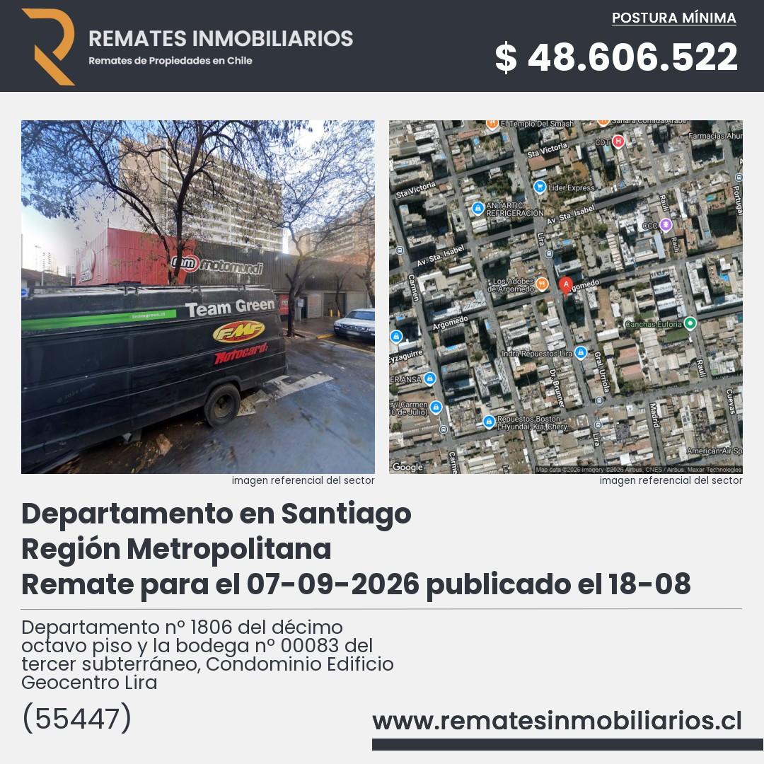 Imagen ficha Departamento nº 1806 del décimo octavo piso y la bodega nº 00083 del tercer subterráneo, Condominio Edificio Geocentro Lira