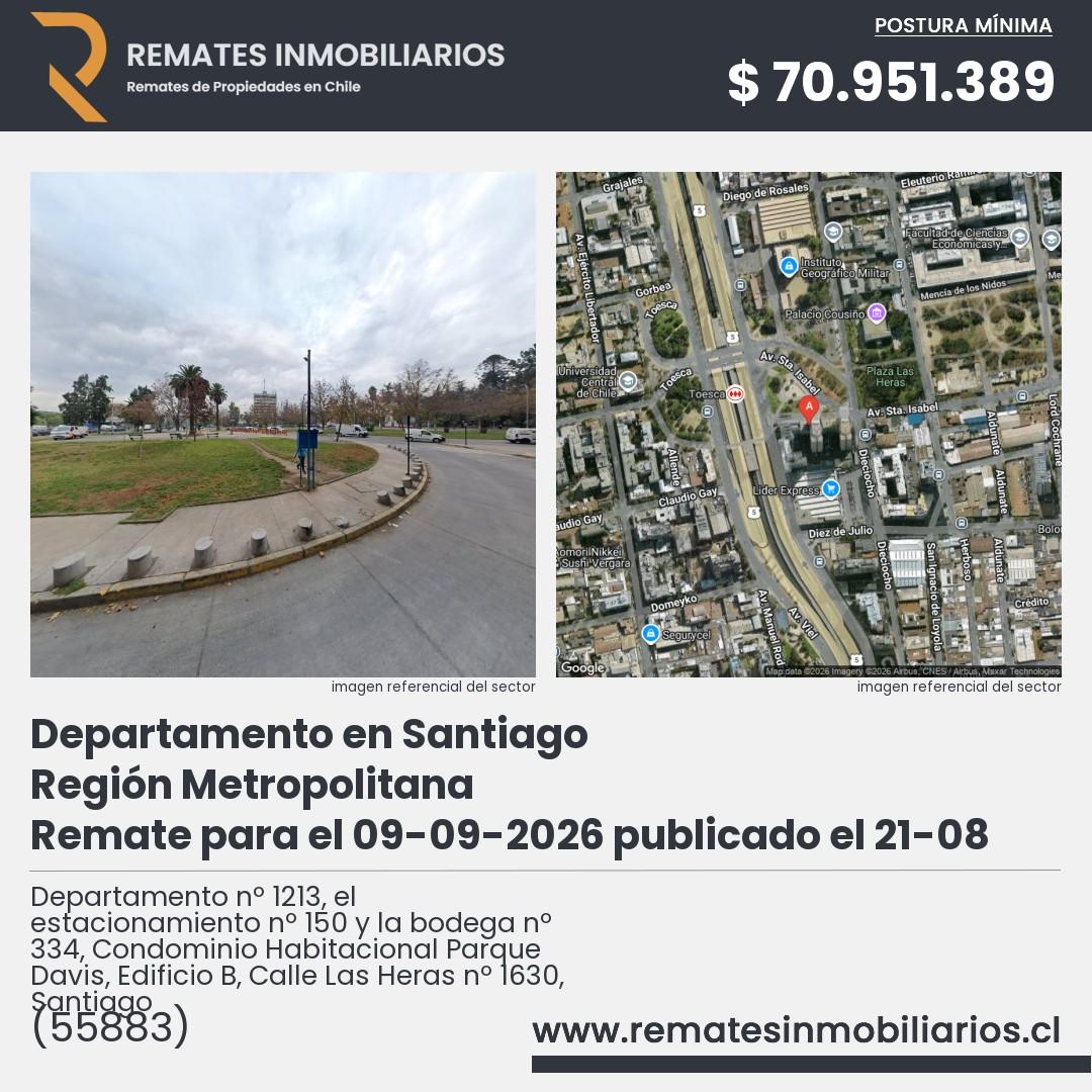 Imagen ficha Departamento nº 1213, el estacionamiento nº 150 y la bodega nº 334, Condominio Habitacional Parque Davis, Edificio B, Calle Las Heras nº 1630, Santiago