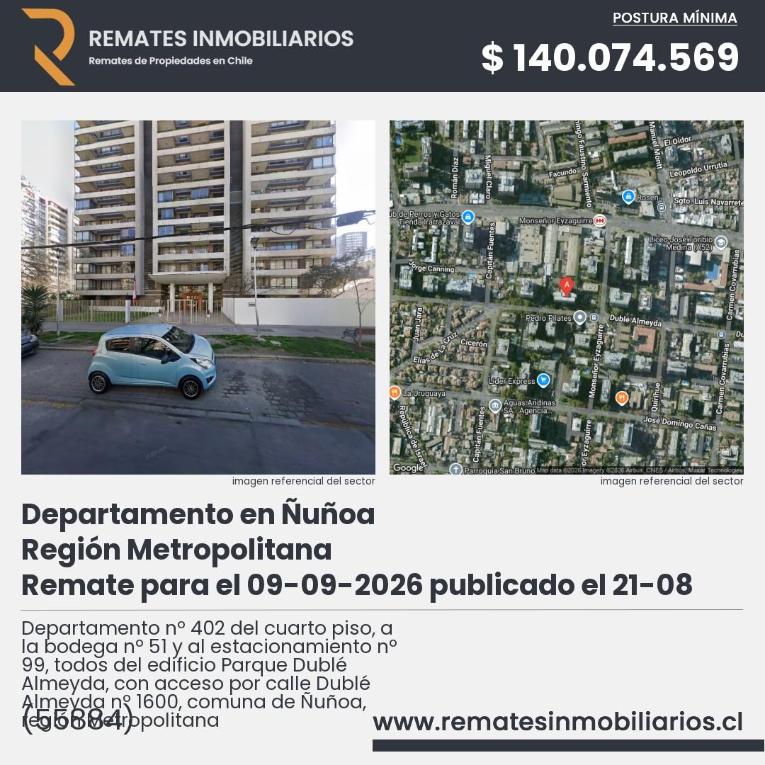 Imagen ficha Departamento nº 402 del cuarto piso, a la bodega nº 51 y al estacionamiento nº 99, todos del edificio Parque Dublé Almeyda, con acceso por calle Dublé Almeyda nº 1600, comuna de Ñuñoa, región Metropolitana