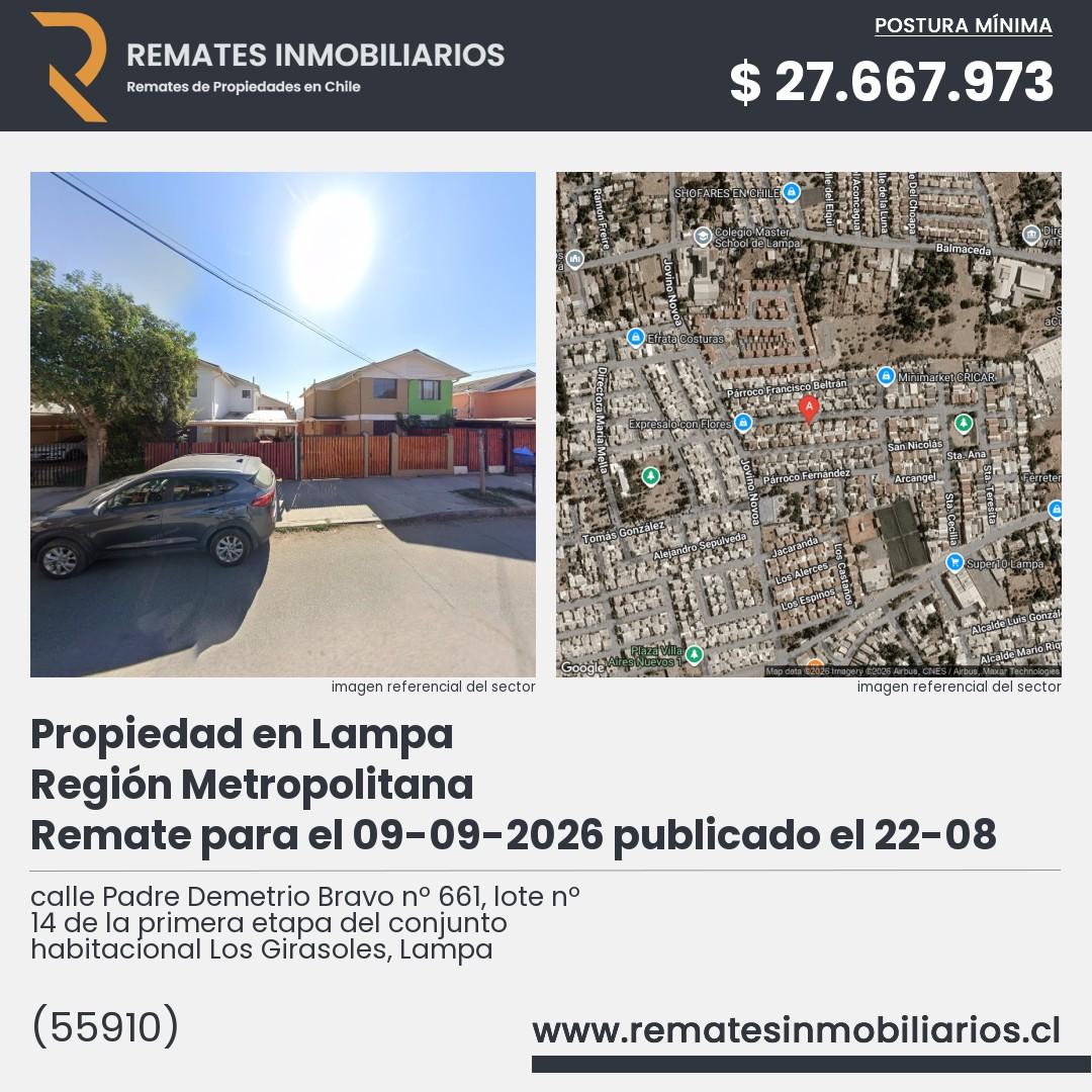 Imagen ficha calle Padre Demetrio Bravo nº 661, lote nº 14 de la primera etapa del conjunto habitacional Los Girasoles, Lampa