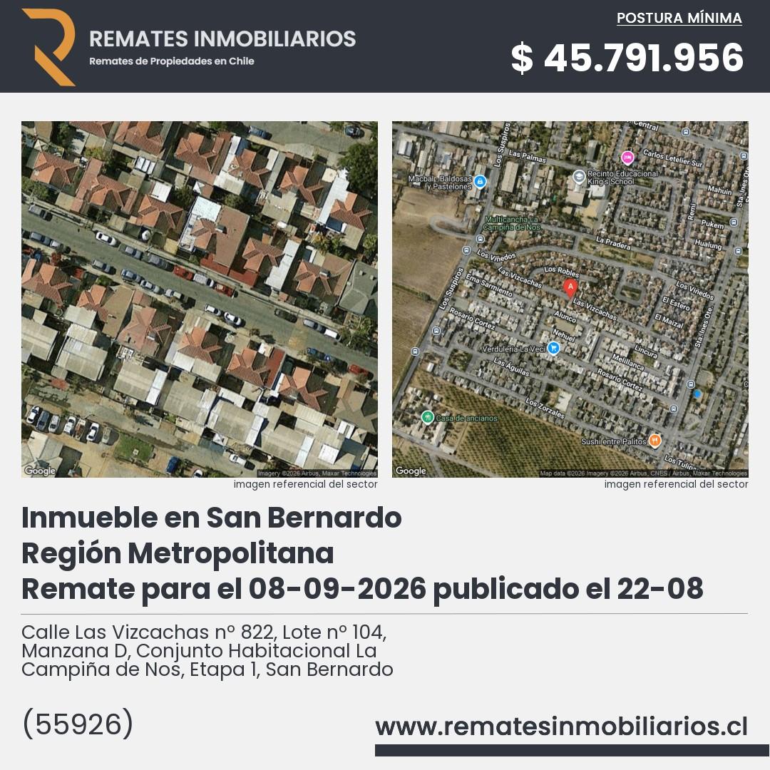 Imagen ficha Calle Las Vizcachas nº 822, Lote nº 104, Manzana D, Conjunto Habitacional La Campiña de Nos, Etapa 1, San Bernardo
