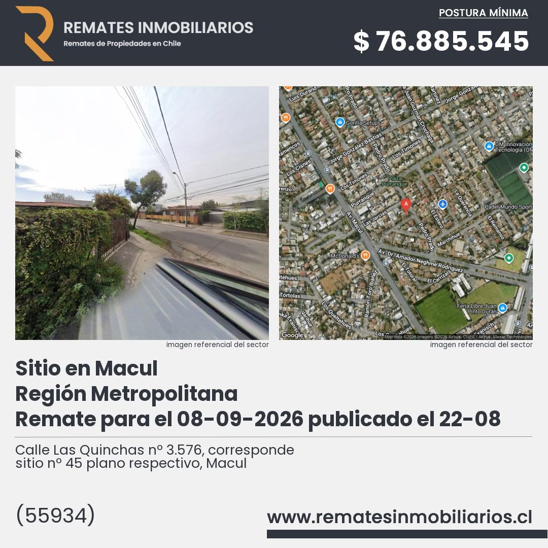 Imagen ficha Calle Las Quinchas nº 3.576, corresponde sitio nº 45 plano respectivo, Macul