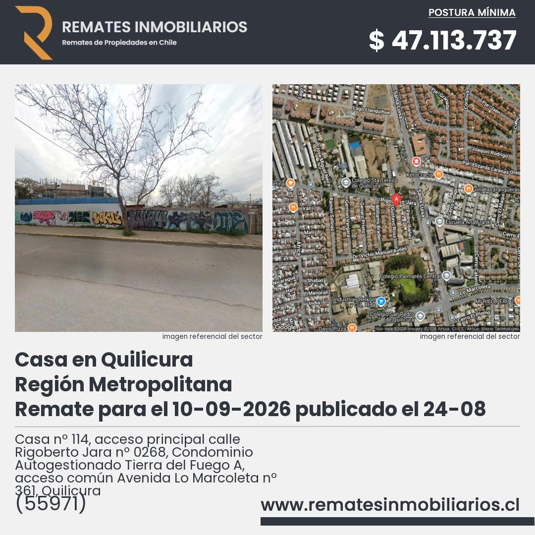 Imagen ficha Casa nº 114, acceso principal calle Rigoberto Jara nº 0268, Condominio Autogestionado Tierra del Fuego A, acceso común Avenida Lo Marcoleta nº 361, Quilicura